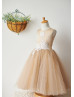 Ivory Lace Tan Tulle Knee Length Flower Girl Dress